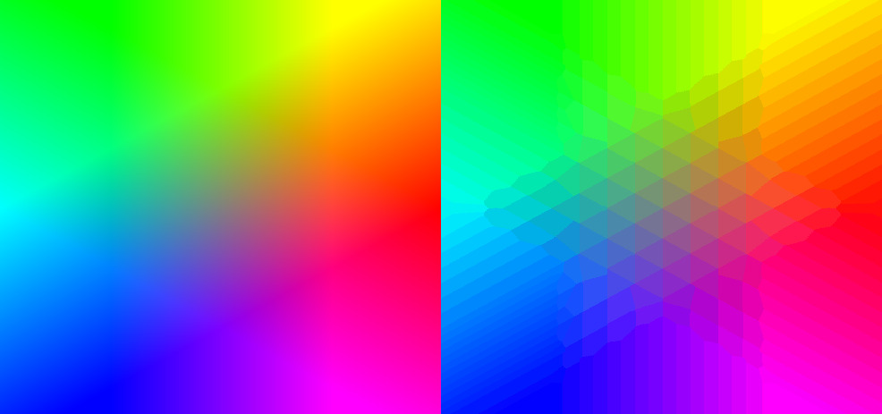 An image with a wide range of colours displayed in true colour and 256 colours showing the 256 colour version is distinctly worse quality.