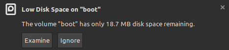 Linux Mint - low disk space on /boot warning message.