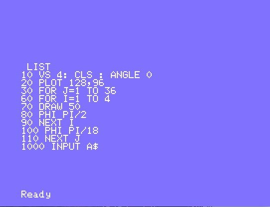 A screenshot of an MTX BASIC program using Logo-style turtle graphics.