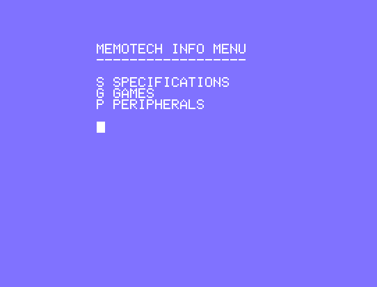 A screenshot of a Noddy information card on the Memotech MTX showing a menu.